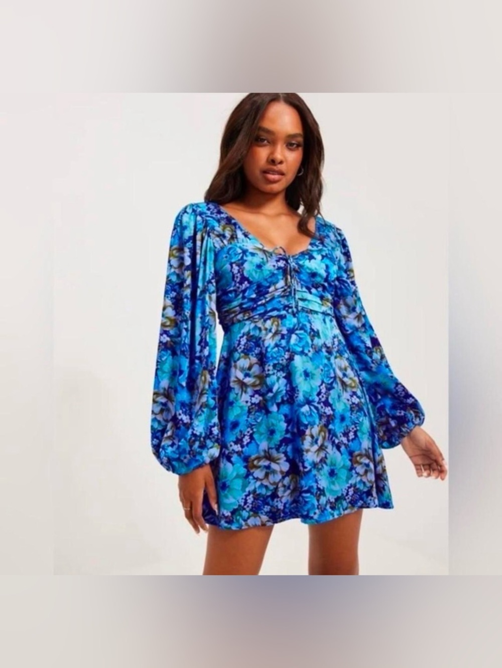 NWT For Love & Lemons Blue Floral Mini Dress XS Puff Sleeve Cottagecore Romantic